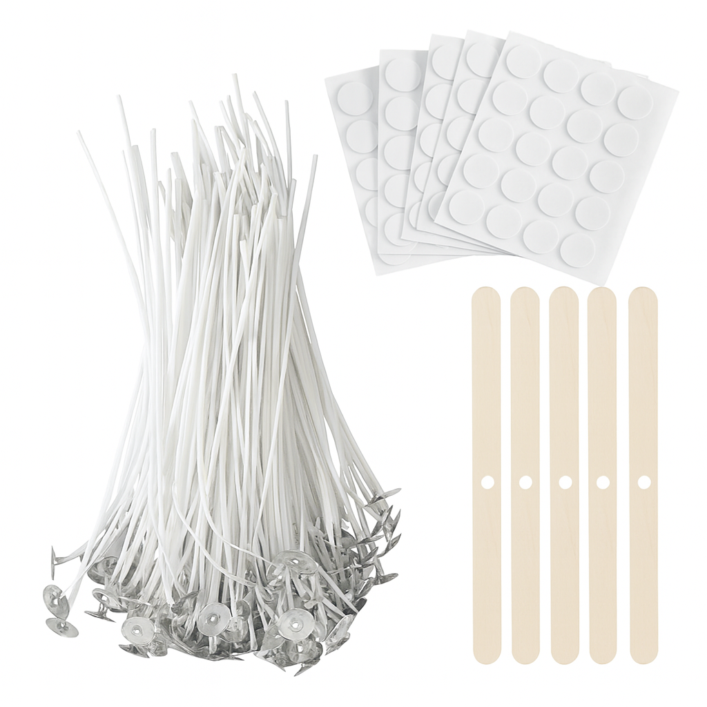 Candle making kit – 50 wicks, 100 wick stickers & 5 wooden holders