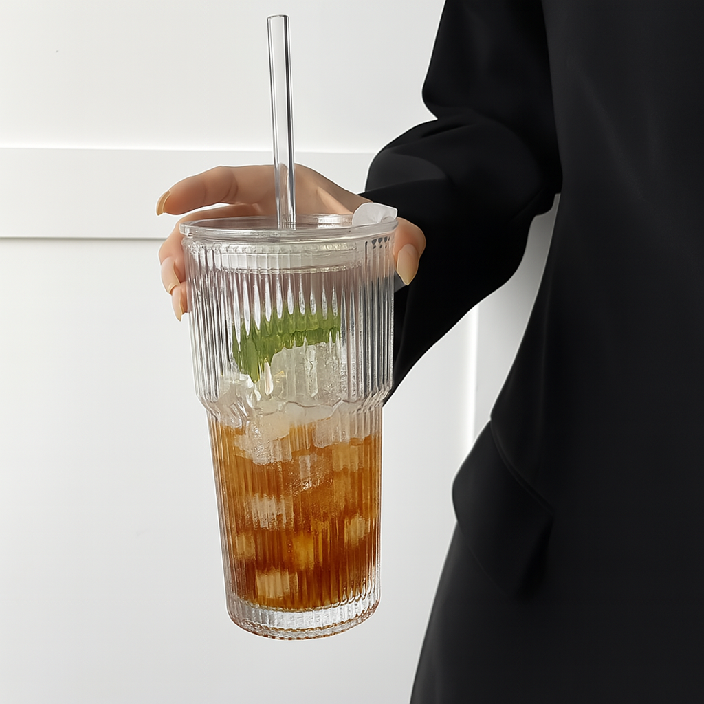 600ml Ribbed glass cup with straw
