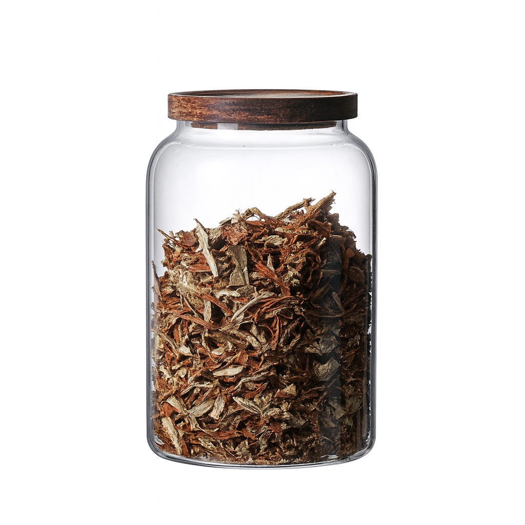 Glass food storage jar with wooden lid