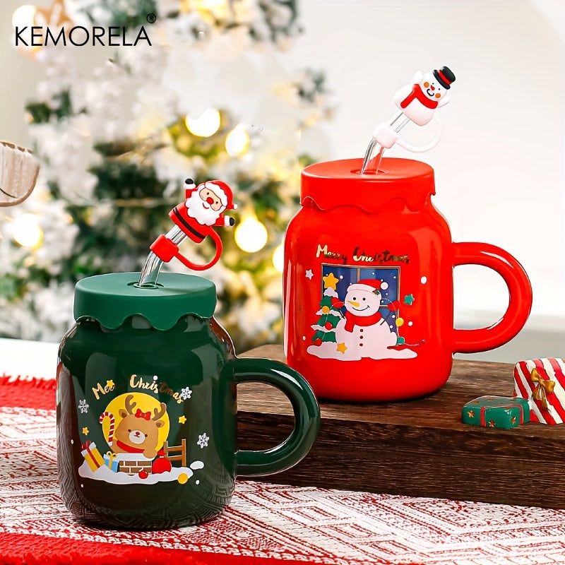 Christmas Ceramic Mug Set with Lid & Glass Straw