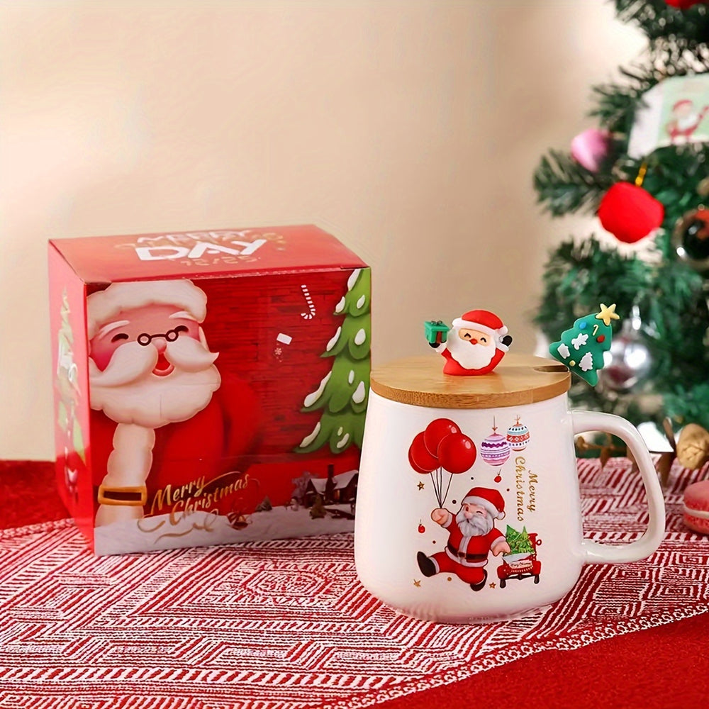 Christmas Ceramic Mug Set with Lid and Spoon