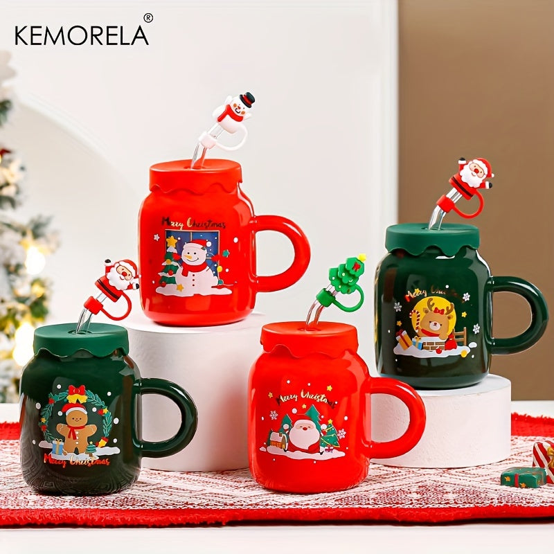 Christmas Ceramic Mug Set with Lid & Glass Straw