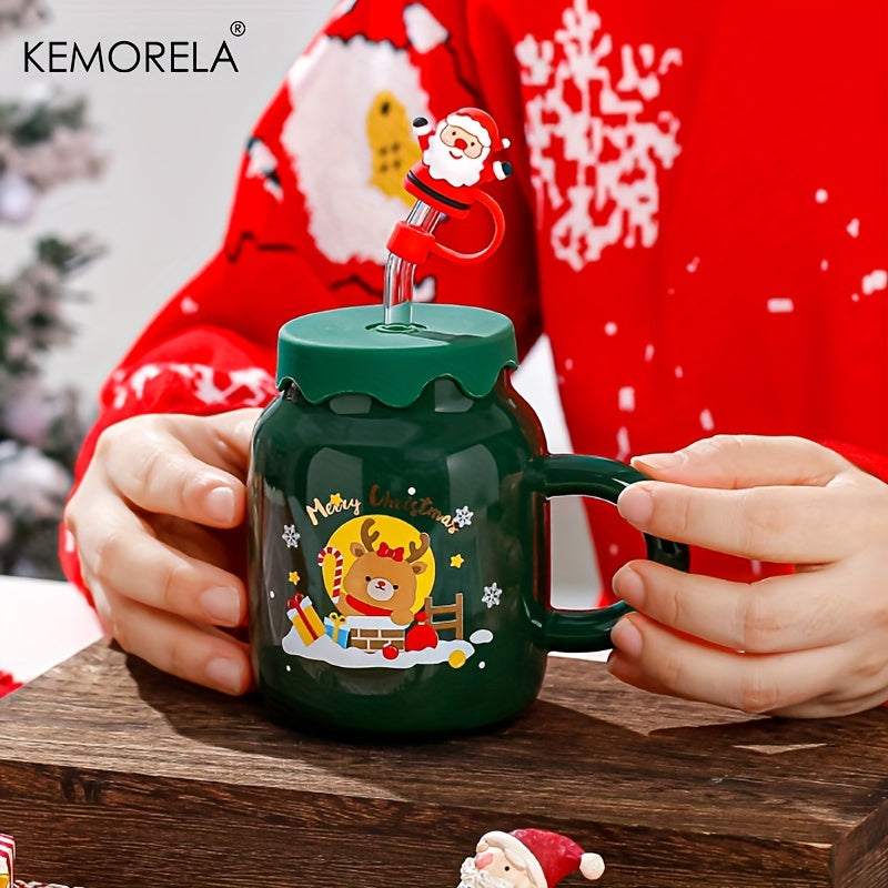 Christmas Ceramic Mug Set with Lid & Glass Straw