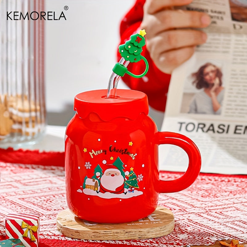 Christmas Ceramic Mug Set with Lid & Glass Straw