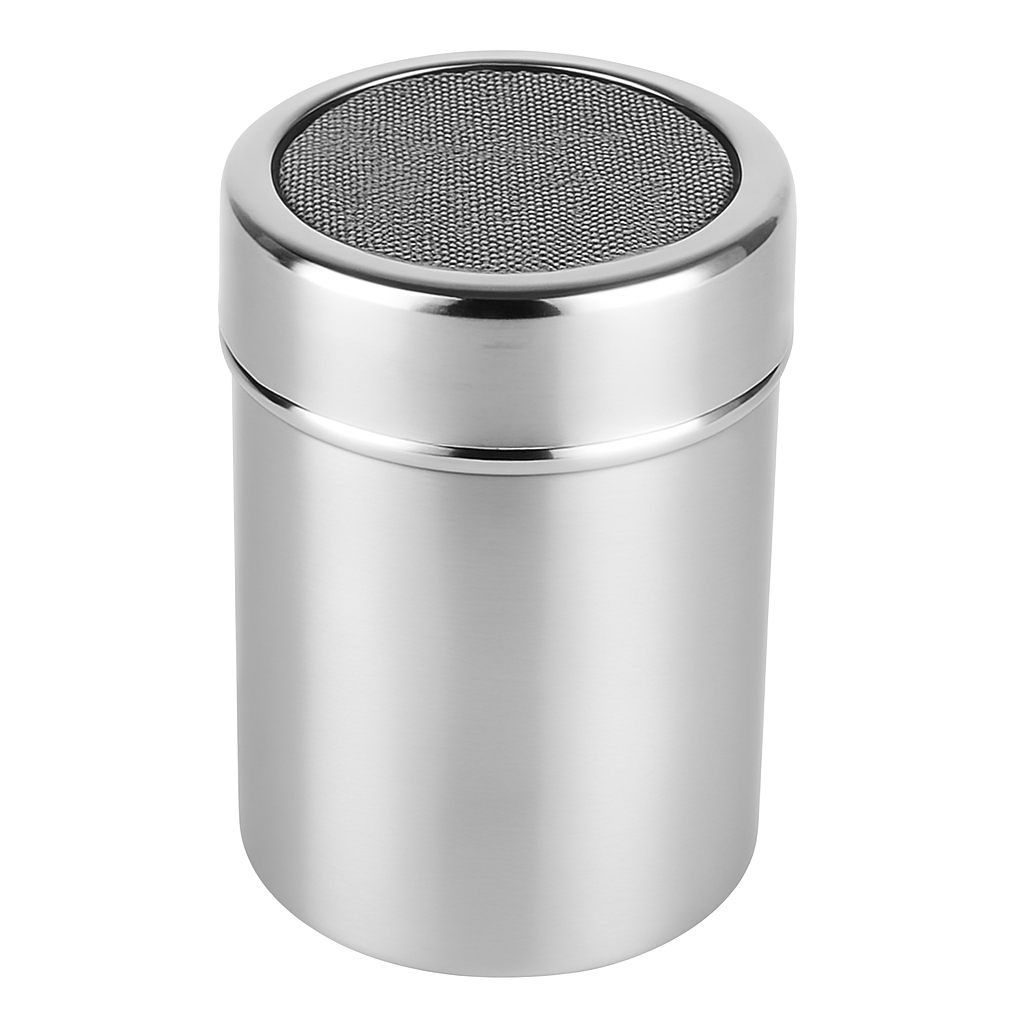 Stainless steel sugar shaker – Fine mesh lid for flour, cocoa & spices