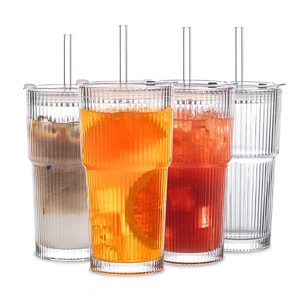 600ml Ribbed glass cup with straw