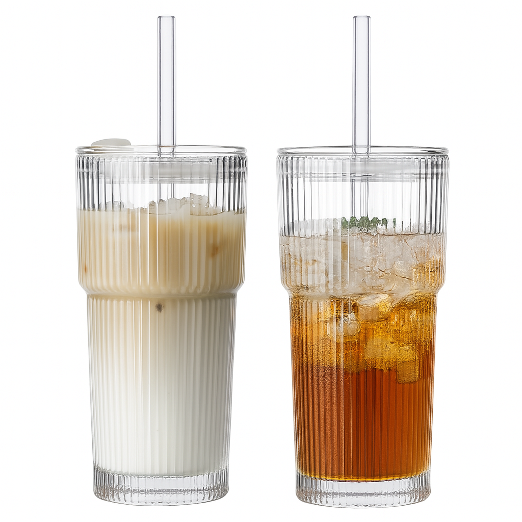 600ml Ribbed glass cup with straw