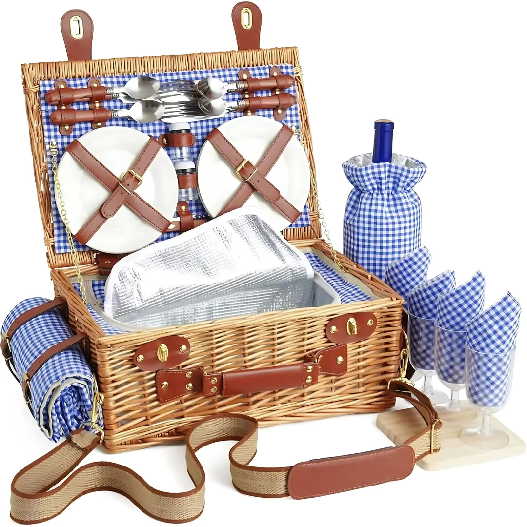 picnic basket set - For 4 people, with cooler & waterproof blanket