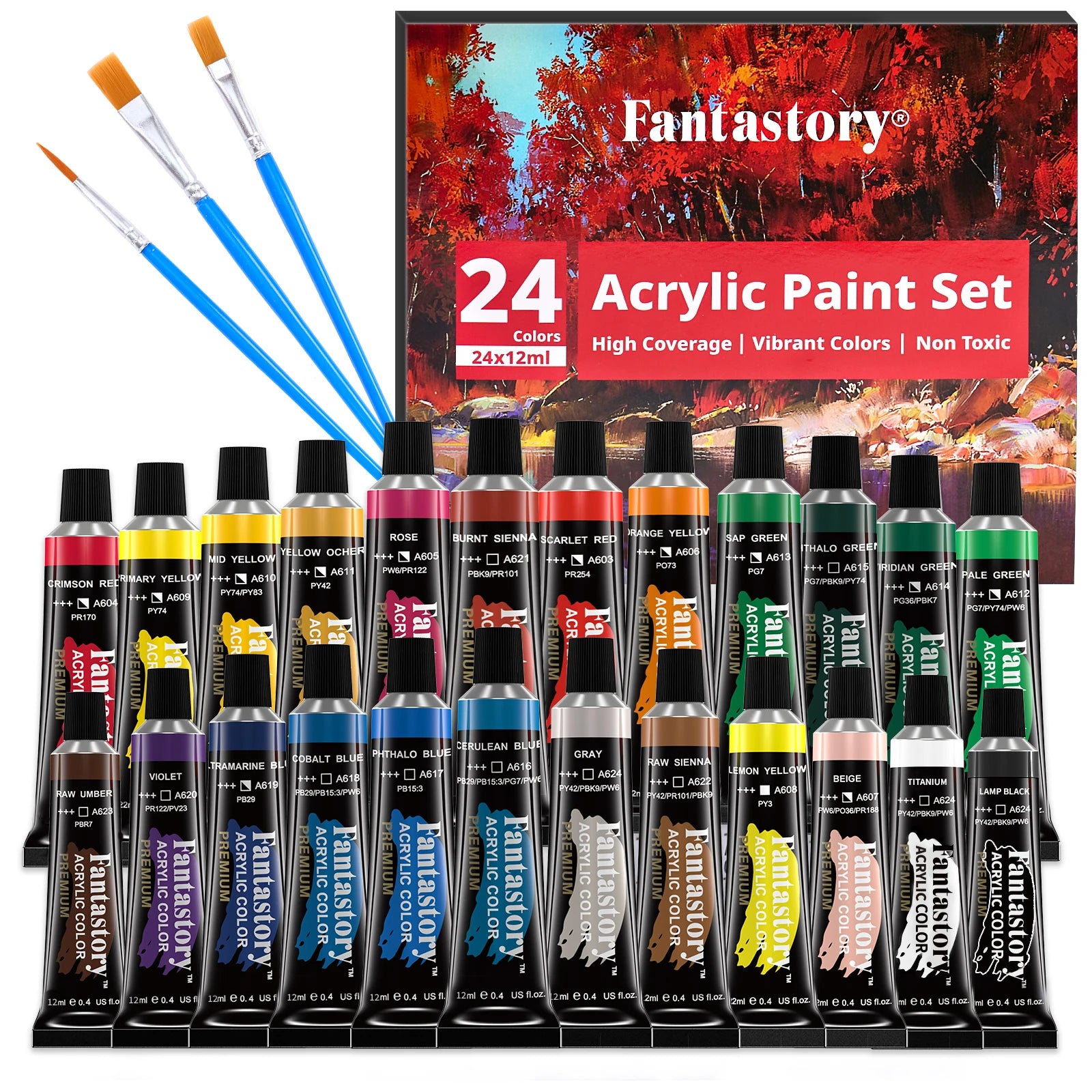 Acrylic paint set – 24 colors with 3 brushes